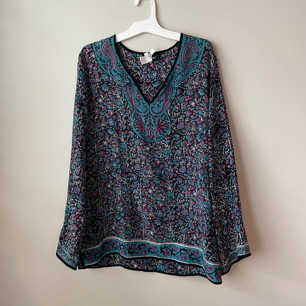 Tolani Silk Blouse blues and pinks flowing M Like New